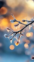 Frozen tree branch covered in ice crystals with warm bokeh lights creating magical winter atmosphere during golden hour sunset.