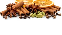 Aromatic winter spices collection with cinnamon sticks, star anise, cardamom pods, cloves and dried orange slices isolated on white background.