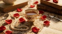 Vintage porcelain tea cup on lace doily with red rose petals, pearl necklace, old books and handwritten letters in warm golden light.