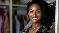 Young African American woman with natural hair and bright smile wearing black floral blouse standing in clothing store or boutique with retail displays in background. Professional business portrait.