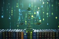 Digital justice scales over law books with binary code background, representing legal technology and artificial intelligence in modern jurisprudence and digital law transformation.