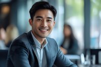 Young Asian businessman smiling confidently in modern office setting. Professional portrait showing success, leadership and positive workplace atmosphere.
