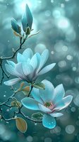 Delicate magnolia flowers in soft turquoise tones with water drops on petals against dreamy bokeh background, creating ethereal spring atmosphere.