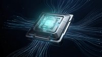 Glowing microchip with digital data streams flowing outward on dark background, representing processor technology, artificial intelligence, and computing power for tech concepts.