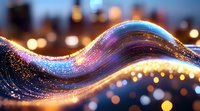 Glowing wave of light particles flowing on blurred city bokeh background, creating magical energy stream effect with blue and golden sparkles.