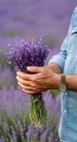 Person holding fresh lavender bunch in blooming field, wearing denim shirt and watch. Ideal for agriculture, nature, wellness, and lifestyle content use.
