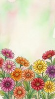 Watercolor gerbera daisies in vibrant pink, orange, yellow, red and purple bloom along the bottom with soft pastel background and copy space.
