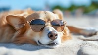Relaxed long-haired chihuahua mix dog wearing trendy sunglasses lying on sandy beach during summer vacation, close up view of pet face with ocean background.