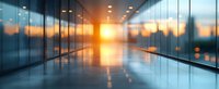 Modern office corridor with glass walls reflecting dramatic sunset light creating mirror effect on glossy floor, empty hallway with natural illumination.
