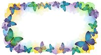 Watercolor butterfly border frame in blue, green, and purple tones with white center space for text or design elements.