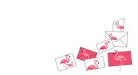 Isolated flamingo icons and love letter envelopes with pink hearts scattered on white background, ready for greeting card design, wedding invitations, and Valentine's Day projects.
