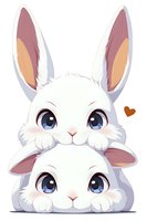 Adorable white bunnies with big blue eyes and pink ears stacked on top of each other, cartoon style illustration on white background. Suitable for children's designs.