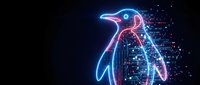 Digital penguin silhouette with glowing neon outline dissolving into particles on dark background for technology and innovation concepts.