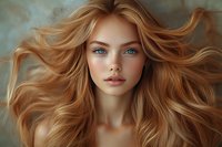 Young Caucasian woman with flowing strawberry blonde hair and blue eyes against textured background, natural makeup look and bare shoulders creating ethereal portrait.