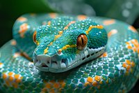 Close-up portrait of emerald tree boa with water droplets on scales, showing vibrant turquoise, orange and yellow patterns against dark background in natural setting.