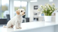 White Maltese mix dog sitting on veterinary examination table with fresh flowers in modern bright clinic interior. Natural lighting creates welcoming atmosphere.