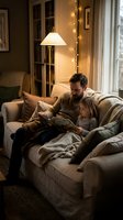 Father and daughter reading book together on cozy living room sofa with warm lighting creating intimate family bonding moment at home.