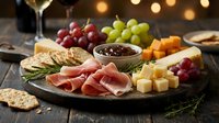 Gourmet charcuterie board with prosciutto, assorted cheeses, fresh grapes, crackers and jam on rustic wooden table with wine glass and warm lighting.