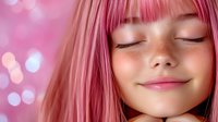 Young woman with pink hair and closed eyes enjoying peaceful moment against soft bokeh background for wellness and beauty concepts.