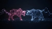 Glowing polygonal bears face off in pink and blue neon colors against dark background, creating futuristic constellation effect with connected dots and lines.
