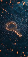 Glowing digital key symbol on circuit board pattern with orange light effects and bokeh, representing cybersecurity and data protection concepts.