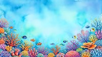 Vibrant underwater coral reef scene with tropical fish swimming among colorful corals and sea plants, creating natural aquatic border frame on blue background.