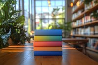 Colorful stack of books on wooden table in cozy library interior with natural light, plants, and bookshelves creating peaceful reading atmosphere.
