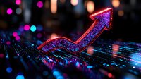 Glowing red arrow rises upward against digital matrix background with colorful bokeh lights, representing business growth and technological advancement.
