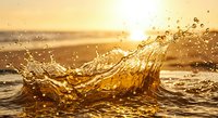 Golden water splash frozen in motion against warm sunset ocean backdrop with dramatic lighting and dynamic movement creating natural art.