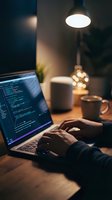Developer coding on laptop in cozy evening workspace with warm lighting and coffee cup creating productive atmosphere for programming work.