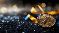 Golden cryptocurrency coin on dark glittery surface with bokeh lights and blue accents in background, macro photography showing metallic texture and reflective details.
