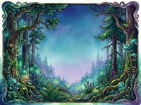 Enchanted forest landscape with towering trees, glowing foliage, and magical twilight sky featuring distant castle silhouette, surrounded by ornate decorative border frame.