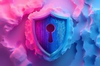 Glowing shield with keyhole symbol against digital matrix background in vibrant neon pink and blue colors, representing cybersecurity and data protection.