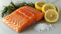Fresh raw salmon fillet with sea salt crystals, sliced yellow lemons and green rosemary sprigs on light surface, healthy cooking ingredients.