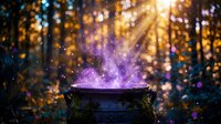 Magical glowing potion cauldron with purple sparkling mist and bokeh lights in enchanted forest setting for fantasy and magical themed designs.
