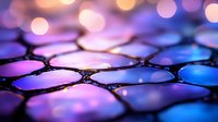 Macro view of colorful metallic honeycomb surface with purple and blue gradient bokeh lighting effect creating futuristic technological pattern.