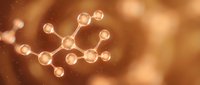 Glowing molecular structure with connected atoms and bonds on warm golden background for scientific research and chemistry education presentations.