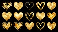 Gold heart shapes collection isolated on transparent background, ready for t-shirt designs, clipart, stickers, sublimation and print-on-demand projects.