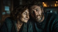 Elderly woman and middle-aged man with beards embracing warmly, showing intergenerational love and family bonds in cozy indoor setting with soft lighting.