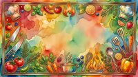 Colorful culinary illustration with fresh produce, cooking utensils, and flames arranged around vibrant watercolor background. Ideal for food blogs, recipes, cooking websites.