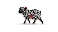 Decorative black sheep silhouette with intricate swirl patterns and red floral accents on white background, isolated design element for creative projects.