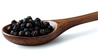 Black peppercorns in wooden spoon isolated on white background, macro food photography for cooking, culinary and seasoning concepts.