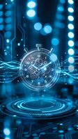 Futuristic digital stopwatch with glowing blue holographic interface and circuit board patterns for technology and time management concepts.