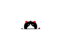 Playful black and white cat peeking from bottom edge with red accents, minimalist cartoon style on white background, isolated design element for stickers and cards.