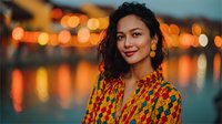 Young Asian woman in colorful traditional patterned shirt smiling at camera with warm bokeh lights and water reflections in background for lifestyle content.