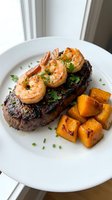 Surf and turf surf and turf steak with grilled shrimp, roasted sweet potato cubes, and fresh herbs on white plate for fine dining restaurant menus.