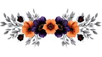 Floral arrangement with orange and purple anemone flowers, black buds and gray leaves in symmetrical composition on white background, isolated design element.