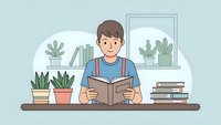 Young man reading book at home desk with plants and books creating cozy study environment for learning and education activities.