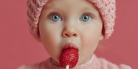 Adorable baby girl with blue eyes wearing pink knitted hat eating fresh strawberry on pink background for healthy nutrition and childhood concepts.