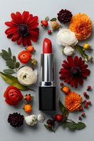 Red lipstick surrounded by vibrant autumn flowers including gerbera daisies, ranunculus, and dahlias on gray background. Cosmetic beauty flatlay composition.